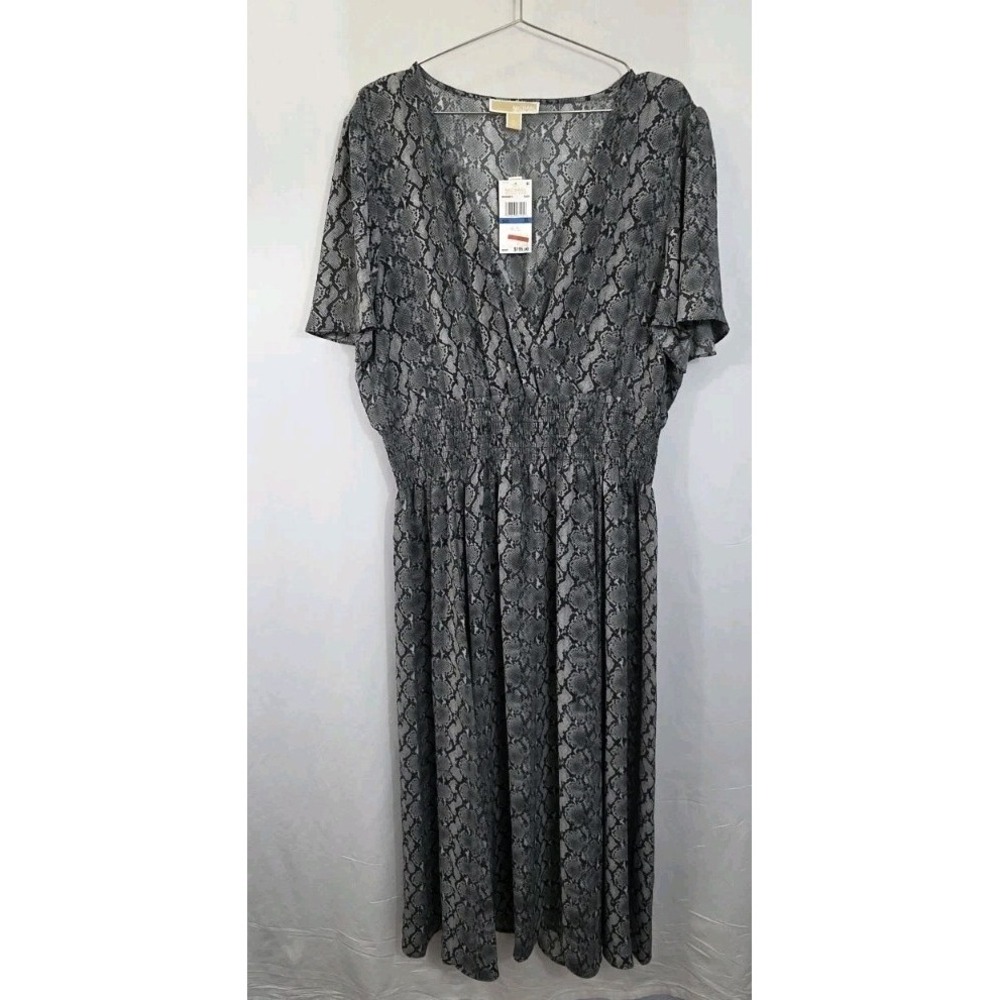 NWTMichael Kors XL Maxi Dress Black/Gray Snake Print Ruched Waist Flutter Sleeve